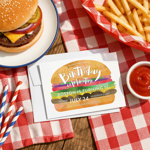 a birthday celebration invitation for a child's birthday party, with a hamburger, french fries, and a red and white checkered tablecloth.