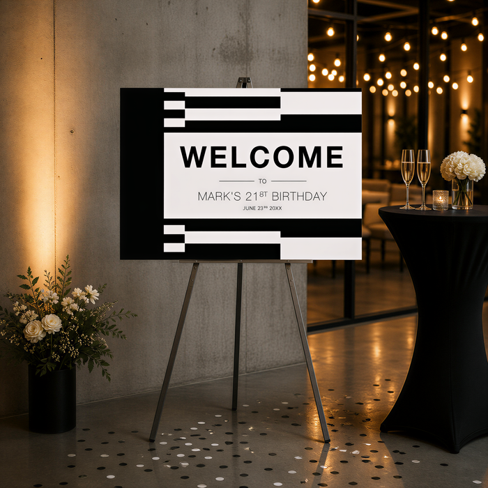 a sign welcoming guests to a 21st birthday celebration.