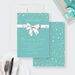The image is a teal and white invitation card for an anniversary dinner, featuring a bow and a pattern of small white dots on the background.
