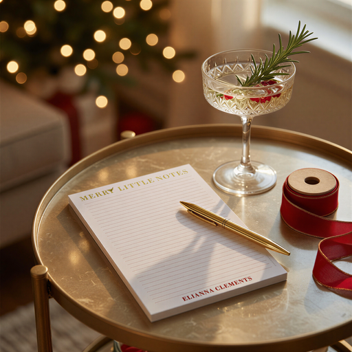A small, round table with a glass of water and a pen on a notepad, with a Christmas tree and twinkling lights in the background.