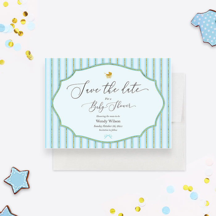 Cute Baby Shower Save the Date Card in Light Blue and Gold with Baby Carriage