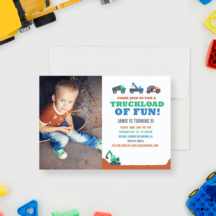 Dump Truck Party Invites, Construction Themed Kids Birthday Photo Invitation Card,  Truckload of Fun Boy Birthday Invitation