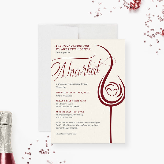 Wine Tasting Party Invitation Digital Download, Wine Themed Charity Event Template with Glass of Wine and a Heart