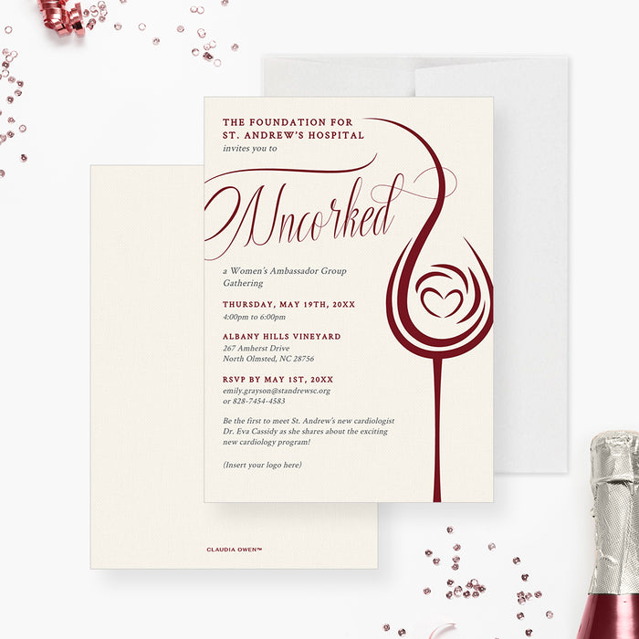 Wine Tasting Party Invitation Digital Download, Wine Themed Charity Event Template with Glass of Wine and a Heart