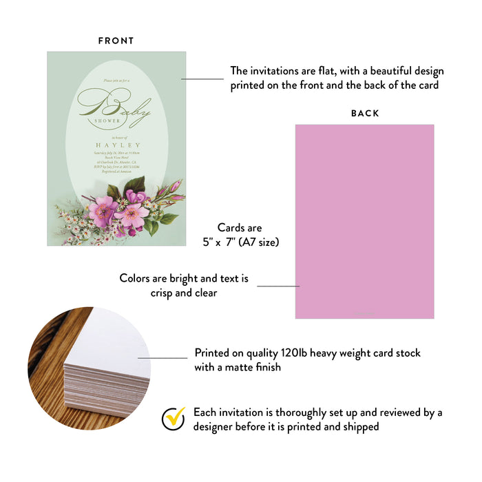 Floral Baby Shower Invitation Green and Pink Spring Design