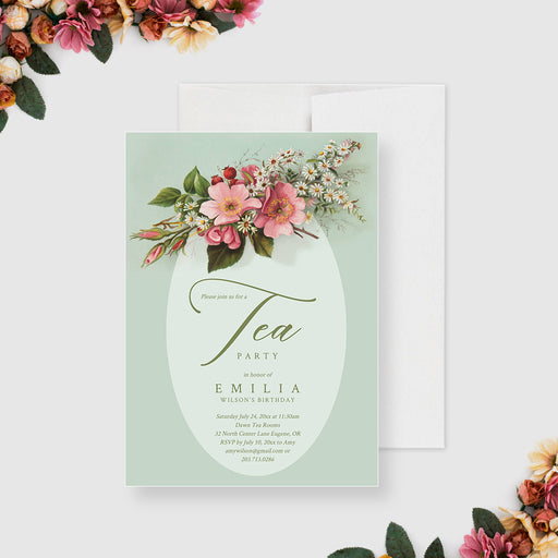 a tea party card with vintage flowers on it