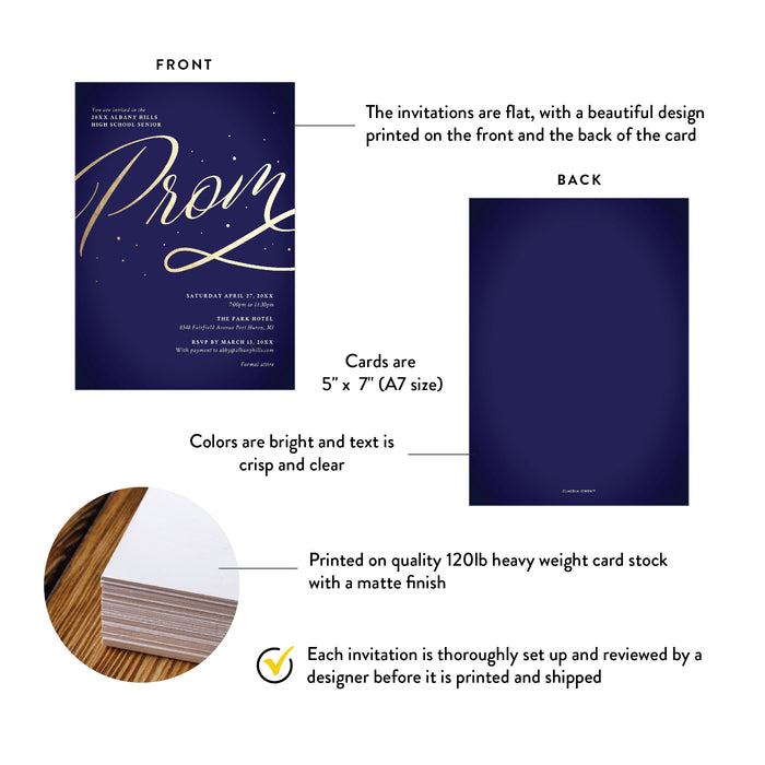 Elegant Prom Invitation in Navy Blue and Gold