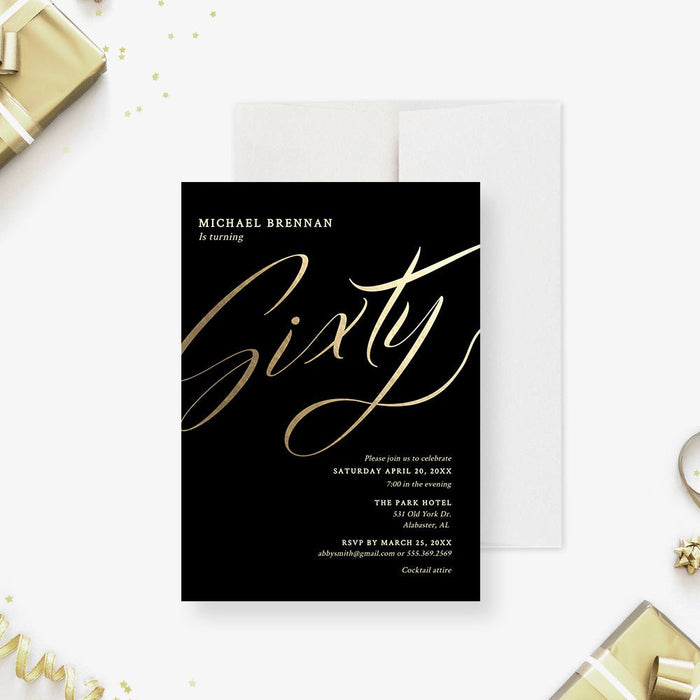 60th Birthday Party Invitation Card in Black and Gold