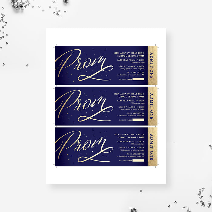 Elegant Prom Night Ticket Digital Download, Prom Party Admission Ticket in Navy Blue and Gold, Junior Senior Prom Ticket Invitation Instant Download