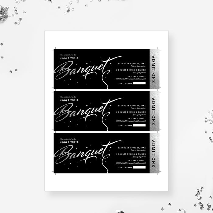 Banquet Ticket Template in Silver and Black Admit One Digital Download, Elegant Ticket Invitation, Event Printable Tickets