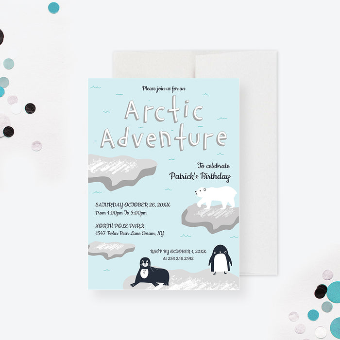 Arctic Adventure Invitation Template, Kids Winter Birthday Party Printable Invites, Arctic Animals Birthday Digital Download