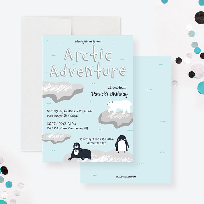 Arctic Adventure Invitation Template, Kids Winter Birthday Party Printable Invites, Arctic Animals Birthday Digital Download