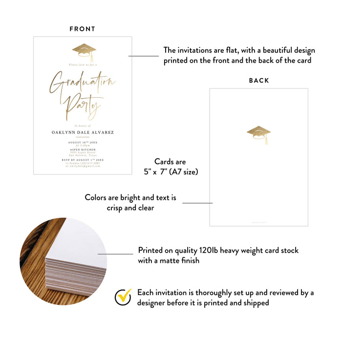 Elegant Graduation Party Invitation Card with Gold Cap Design, Personalized Minimalist Grad Party Invites