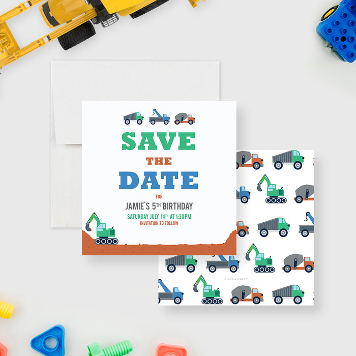 Dump Truck Party Save the Date Card, Birthday Save the Dates for Kids with Construction Trucks, Boy Birthday Bash Save the Date for Children