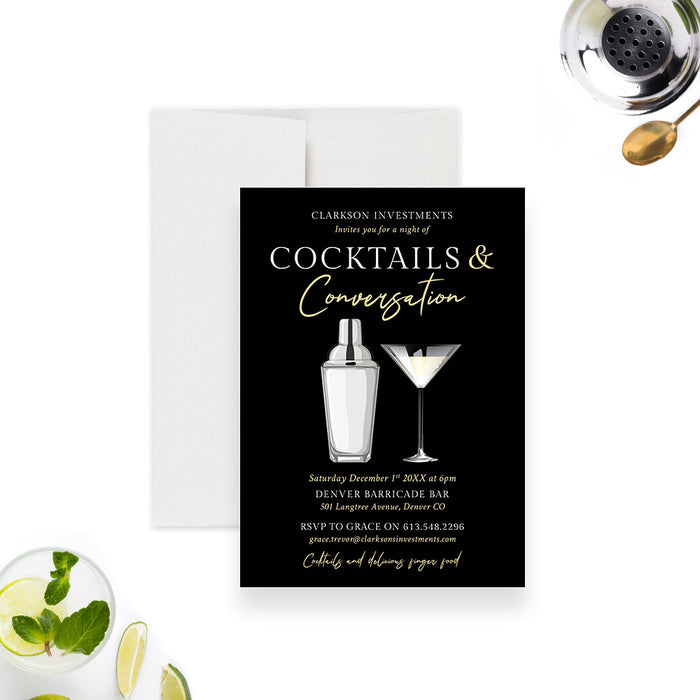 Cocktails and Conversation Invitation Card, Business Happy Hour Invitation, Birthday Cocktail Invite Card with Cocktail Drink and Shaker