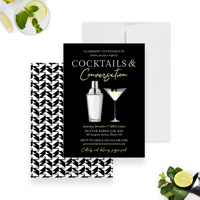 Cocktails and Conversation Invitation Card, Business Happy Hour Invitation, Birthday Cocktail Invite Card with Cocktail Drink and Shaker