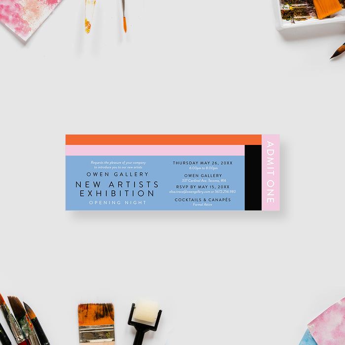 Colorful Ticket Invitation Card for New Artists Exhibition Party, Annual Art Show Tickets, Art Gallery Event Tickets, Art Themed Birthday Party Ticket Invites