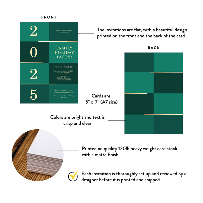 2025 Holiday Party Invitation Green and Gold Christmas Card