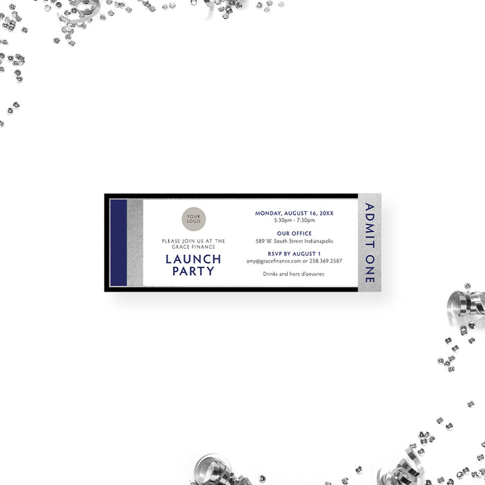 Black Blue and Silver Ticket Invitation for Business Launch Party, Elegant Ticket Card for Business Events, Ribbon Cutting Ticket Invites, New Business Office Celebration