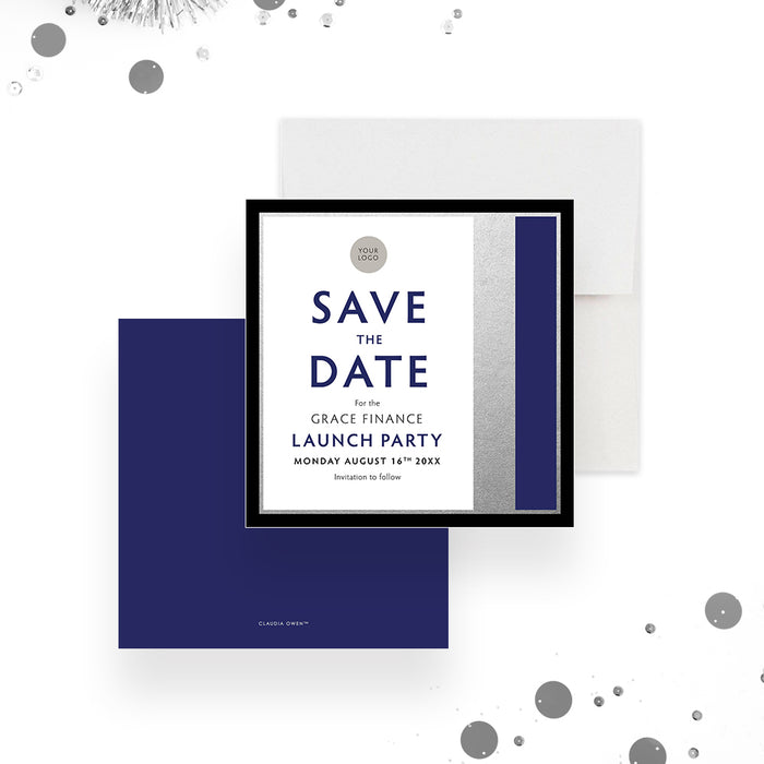 Black Blue and Silver Save the Date Card for Business Launch Party, Elegant Save the Dates for Company Grand Opening Celebration, Building Inauguration Save The Date