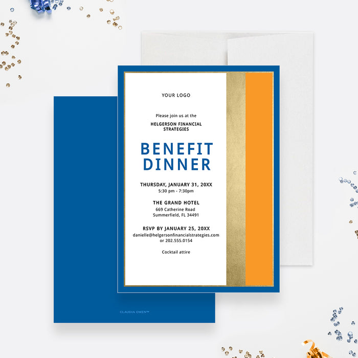 Benefit Dinner Invitation in Blue Orange and Gold, Employee Appreciation Dinner Template, Business Event Party Invites
