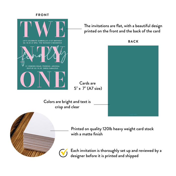 21st Birthday Invitation Modern Pink Teal Adult Party Invite