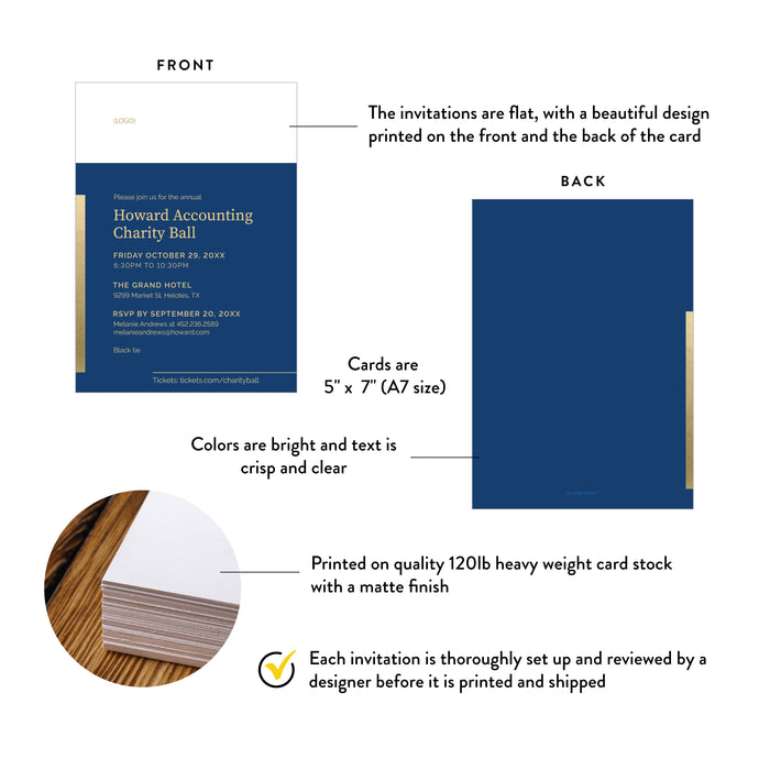 Simple and Elegant Charity Ball Invitation Card in Blue and Gold, Corporate Event Invites, Custom Professional Invitations