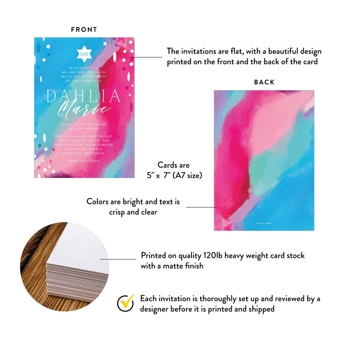 Artistic Bat Mitzvah Invitation in Blue Pink with Star of David