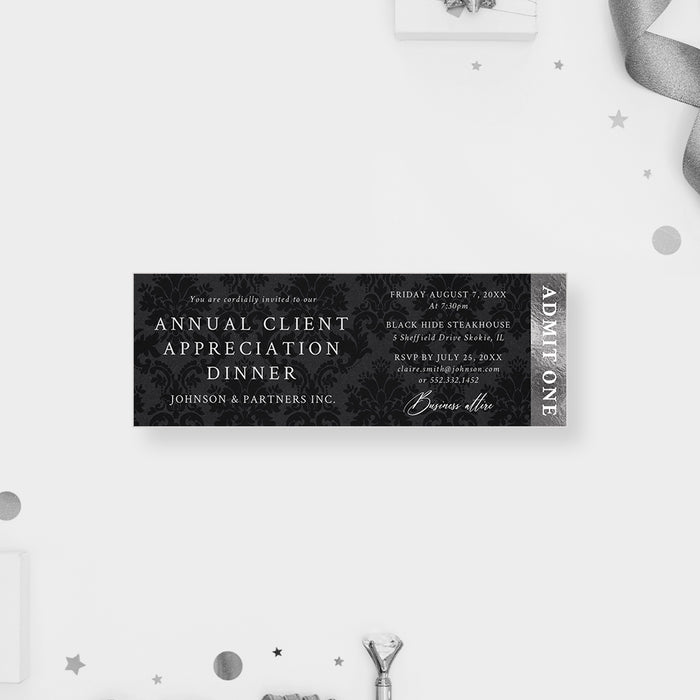 Black and Silver Ticket Invitation for Annual Client Appreciation Dinner Party, Elegant Ticket Invites for Company Gala Celebration, Business Party Ticket