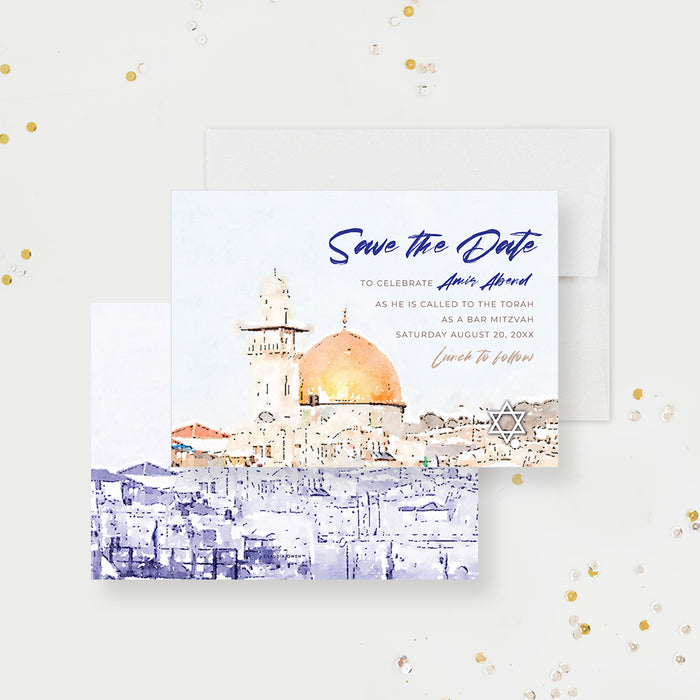 Bar Mitzvah Invitation Card with Watercolor Dome of the Rock Illustration, Personalized Jewish Birthday Invitations, B'nai Mitzvah Invites
