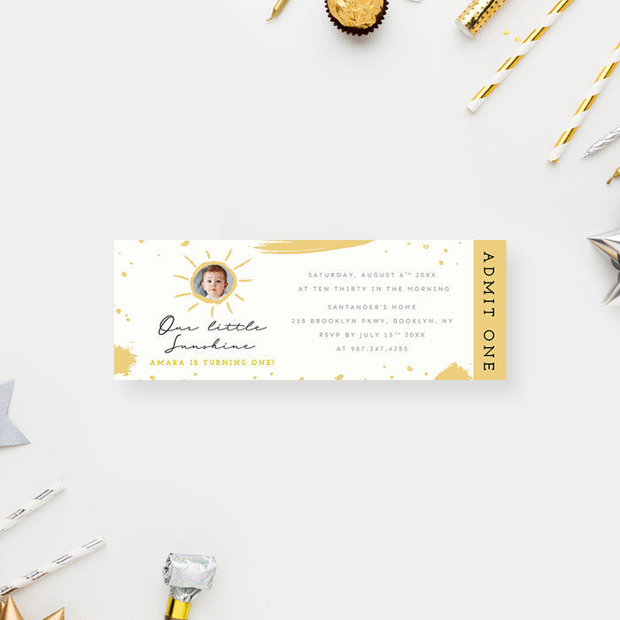 ticktet invitation card with a photo of a child on it in the shape of the sun with our little sunshine written on it 