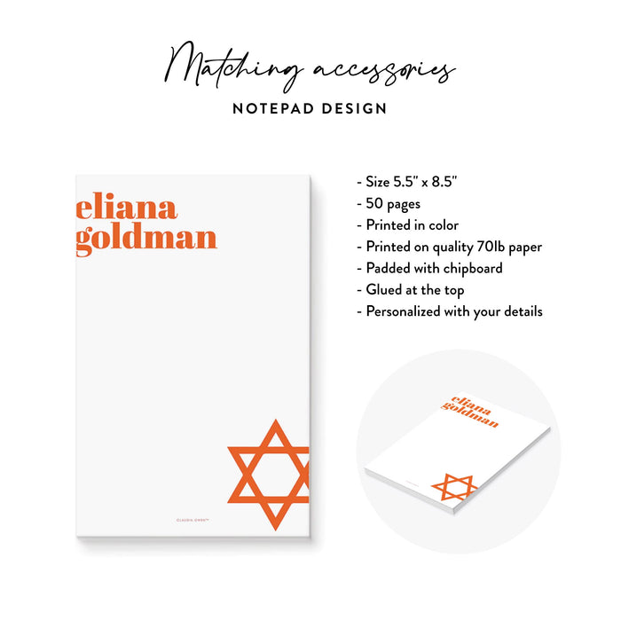 Orange Bat Mitzvah Personalized Notepad with Star of David
