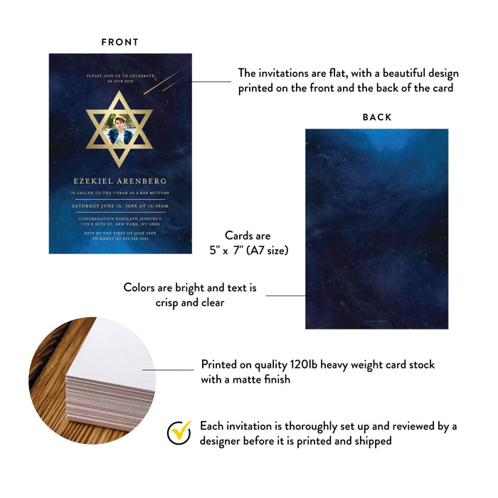 Bar Mitzvah Photo Invitation Card with Blue Starry Night Sky and Shooting Stars, Religious Jewish Birthday Invite with Picture and Star of David