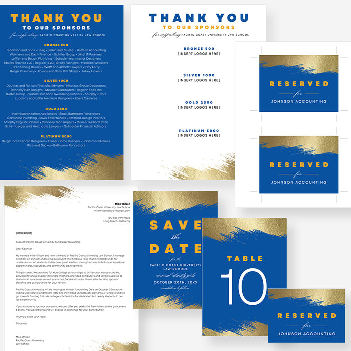 Gala Invitation Set in Blue and Gold, Business Sponsorship Form Digital Download, Event Program with RSVP Form, Save the Date