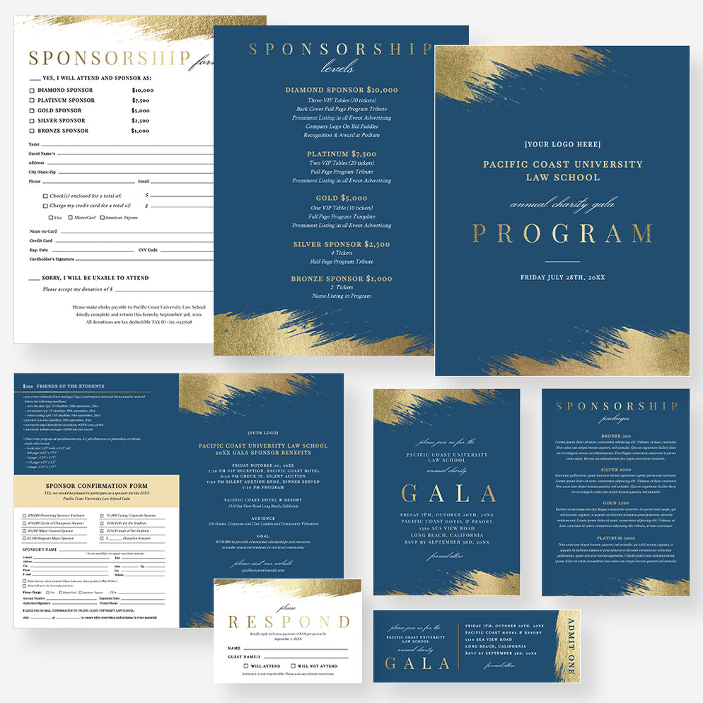 Program Insert Gala Elegant Gala Invitation Set in Blue and Gold, Business Sponsorship For