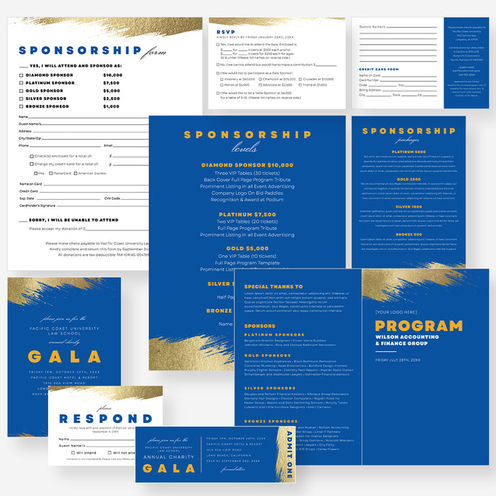 Gala Invitation Set in Blue and Gold, Business Sponsorship Form Digital Download, Event Program with RSVP Form, Save the Date