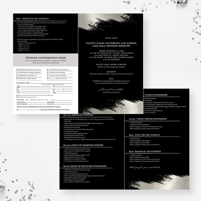 Secure Support for a Worthy Cause, Black and Silver Gala Night Party Sponsorship Brochure Digital Template