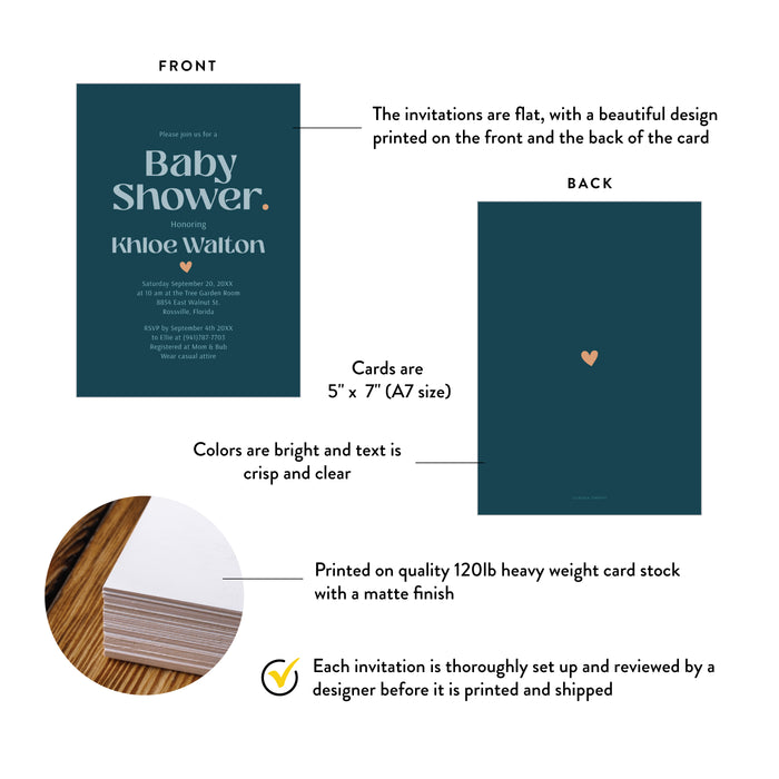 Modern Baby Shower Invitation with Teal and Peach Accents
