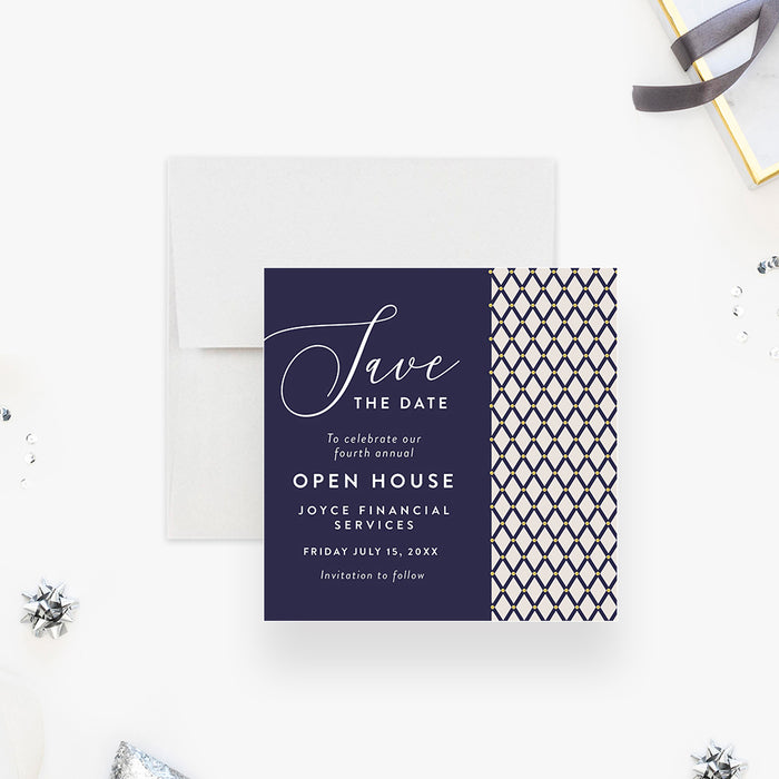 Blue and Gold Save the Date Card for Annual Open House Party, Save the Date for Networking Party, Corporate Open House Save the Dates