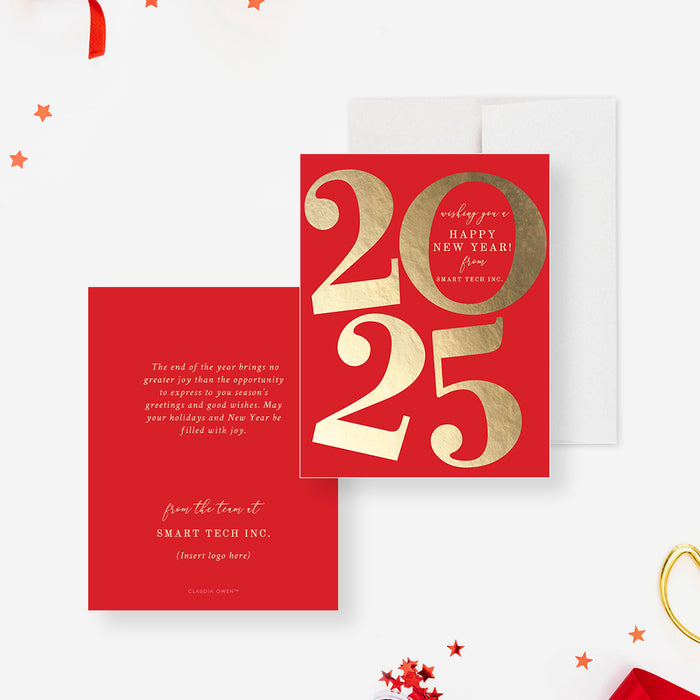 2025 Happy New Year Card, Red and Gold Holiday Cards, Corporate New Year Greeting Card, Elegant Business New Year Cards