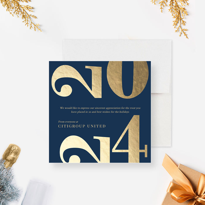 2024 Holiday Cards, Happy New Year Card, Elegant Christmas Cards for Businesses, New Year Greeting Card for Companies, Blue and Gold Company New Year Card