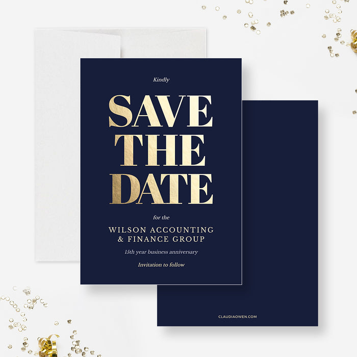 Elegant Save the Date Card in Gold and Blue Template, Business Save the Date Invites, Formal Corporate Cards, Professional Event