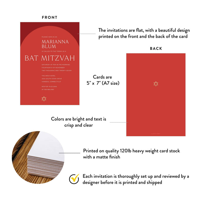 Elegant Red Bat Mitzvah Invitation Modern Jewish Party Card