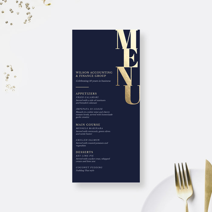 Business Menu Card Digital Template, Printable Menu Cards for Corporate Parties, Company Dinner Party Menu in Navy Blue and Gold