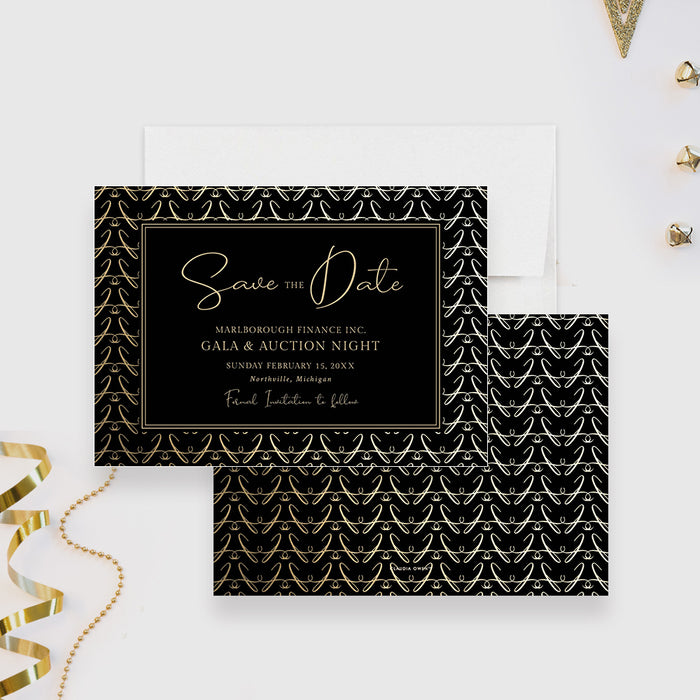 Save the Date Card for Gala and Auction Night with Golden Pattern, Elegant Company Event Save the Date Cards, Business Save the Dates