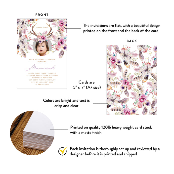Boho Floral Birthday Invitation Girls Antler Photo Party Invite