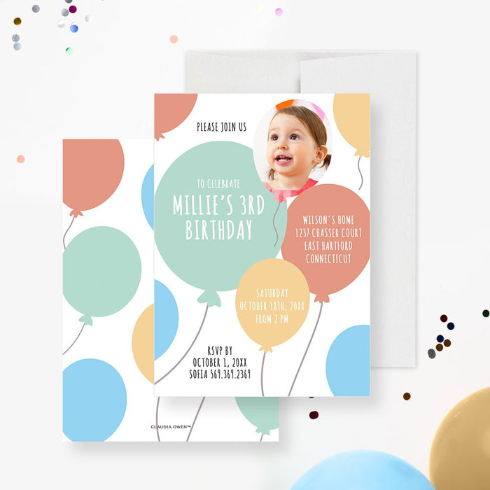 Balloon Birthday Party Invitation with Photo, Colorful Balloons Invitation Digital Download, 1st 2nd 3rd 4th 5th 6th Birthday Invitation