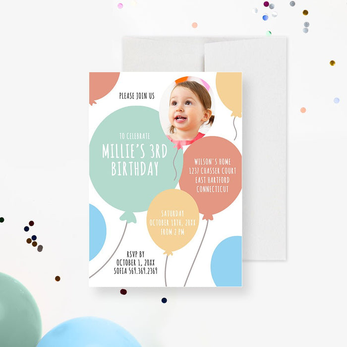 Balloon Birthday Party Invitation with Photo, Colorful Balloons Invitation Digital Download, 1st 2nd 3rd 4th 5th 6th Birthday Invitation