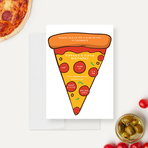 invitation card with a slice of pizza on it