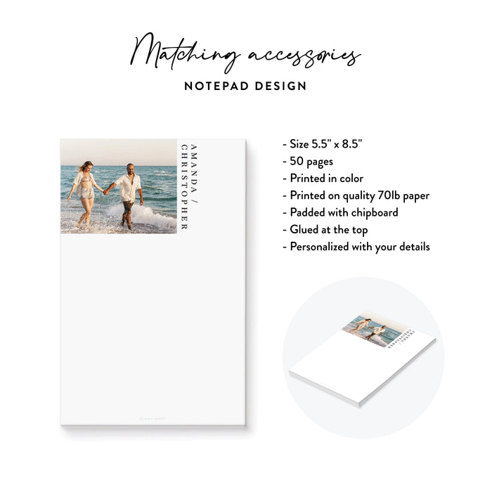Personalized notepad with a couple on a beach and featuring product details.